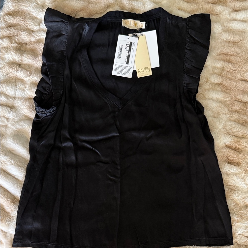Nation LTD Black Ruffle Sleeve V-Neck Top